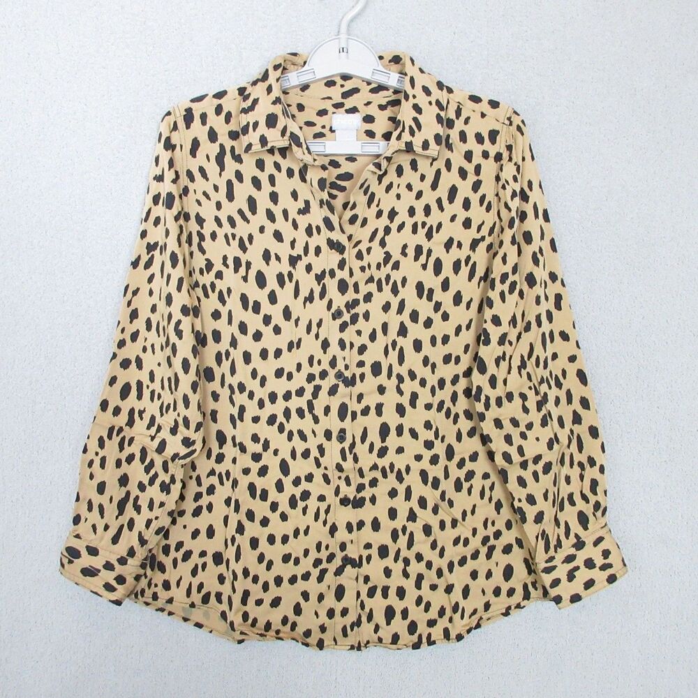 Chicos Blouse Womens 1 (US 8/10) Tan Leopard Print Long Sleeve Button Front
